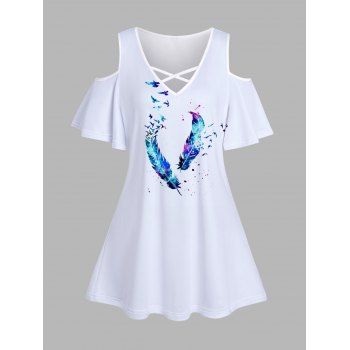 Feather Print Cold Shoulder T Shirt Flutter Sleeve Crisscross V Neck Casual Top, Light blue
Feather Print Cold Shoulder T Shirt Flutter Sleeve Crisscross V Neck Casual Top, Light blue