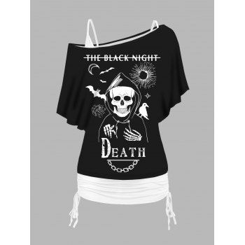 Skull and Slogan Print Oblique Shoulder T Shirt and Cinched Ruched Tank Top Outfit, Black
Skull and Slogan Print Oblique Shoulder T Shirt and Cinched Ruched Tank Top Outfit, Black