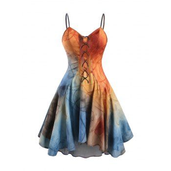 Lace Up Spaghetti Strap High Low Dress Colorful Abstract Print Midi Dress, Multicolor
Lace Up Spaghetti Strap High Low Dress Colorful Abstract Print Midi Dress, Multicolor