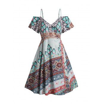 Ethnic Print Vintage Dress Adjustable Strap Cold Shoulder A Line Midi Dress, Light green
Ethnic Print Vintage Dress Adjustable Strap Cold Shoulder A Line Midi Dress, Light green