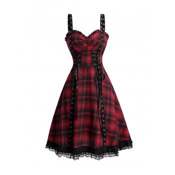 Plaid Print Lace Up Ruffles Gothic Dress Grommet Strap Ruched Lace Hem Mini Dress, Deep red
Plaid Print Lace Up Ruffles Gothic Dress Grommet Strap Ruched Lace Hem Mini Dress, Deep red