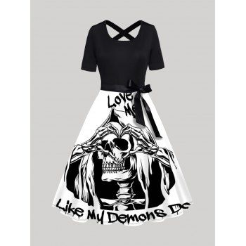 Skull and Slogan Print Colorblock Dress Bowknot Crossover Short Sleeve Casual A Line Dress, Black
Skull and Slogan Print Colorblock Dress Bowknot Crossover Short Sleeve Casual A Line Dress, Black