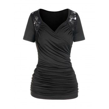 Lace Panel T Shirt Surplice Ruched Sweetheart Neck Short Sleeve Casual Tee, Black
Lace Panel T Shirt Surplice Ruched Sweetheart Neck Short Sleeve Casual Tee, Black
