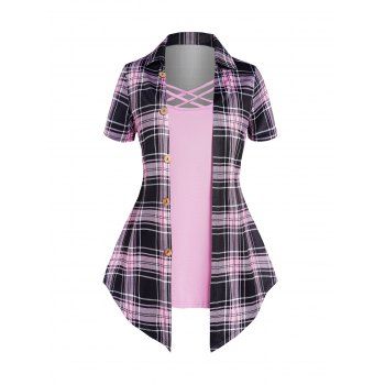 Casual Faux Twinset T Shirt Crisscross Plaid Print Mock Button Turn Down Collar Summer Tee, Light purple
Casual Faux Twinset T Shirt Crisscross Plaid Print Mock Button Turn Down Collar Summer Tee, Light purple