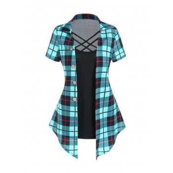 Casual Faux Twinset T Shirt Crisscross Plaid Print Mock Button Turn Down Collar Summer Tee, Light green
Casual Faux Twinset T Shirt Crisscross Plaid Print Mock Button Turn Down Collar Summer Tee, Light green