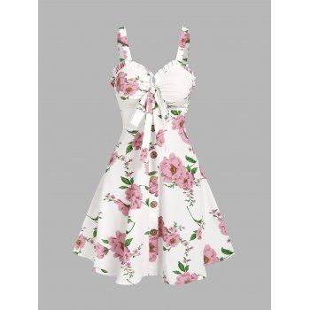 

Floral Print Vacation Sundress Garden Party Dress Summer Ruffled Bowknot Mini Dress, White