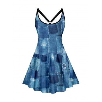 Plus Size Allover Denim Patchwork 3D Print Mini Dress O Ring Sleeveless Casual Dress, Blue
Plus Size Allover Denim Patchwork 3D Print Mini Dress O Ring Sleeveless Casual Dress, Blue