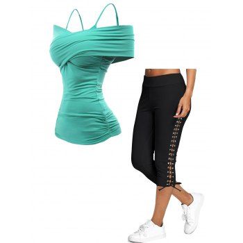 Cold Shoulder Ruched Adjustable Spaghetti Strap Top and Lace Up Skinny Crop Leggings Outfit, Multicolor
Cold Shoulder Ruched Adjustable Spaghetti Strap Top and Lace Up Skinny Crop Leggings Outfit, Multicolor
