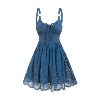 Hollow Out Flower Embroidery Mini Dress O Ring Straps Lace-up A Line Dress Sleeveless Summer Dress, Blue
Hollow Out Flower Embroidery Mini Dress O Ring Straps Lace-up A Line Dress Sleeveless Summer Dress, Blue