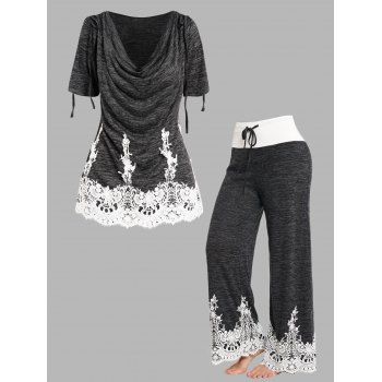 Space Dye Draped Lace Panel Cinched Shoulder T Shirt and Flower Guipure Applique Wide Leg Pants Casual Outfit, Multicolor
Space Dye Draped Lace Panel Cinched Shoulder T Shirt and Flower Guipure Applique Wide Leg Pants Casual Outfit, Multicolor