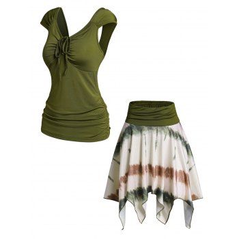 Solid Color Cinched Cut Out Cap Sleeve T-shirt And Tie Dye Print Colorblock Asymmetric Mini Skirt Outfit, Multicolor
Solid Color Cinched Cut Out Cap Sleeve T-shirt And Tie Dye Print Colorblock Asymmetric Mini Skirt Outfit, Multicolor