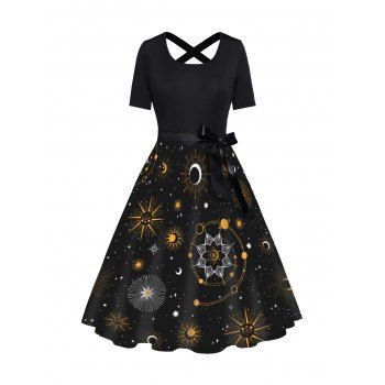 Celestial Sun Moon Star Galaxy Print Short Sleeve Dress Bowknot Cross High Waist A Line Dress, Black
Celestial Sun Moon Star Galaxy Print Short Sleeve Dress Bowknot Cross High Waist A Line Dress, Black