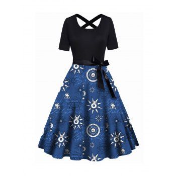 Sun Moon Print Dress Crisscross Bowknot Belted Short Sleeve High Waisted A Line Midi Dress, Black
Sun Moon Print Dress Crisscross Bowknot Belted Short Sleeve High Waisted A Line Midi Dress, Black