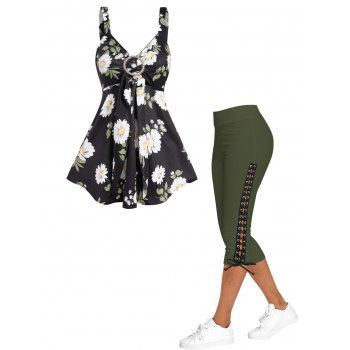 Daisy Leaf Print Rhinestone O Ring Tank Top And Lace Up Skinny Crop Leggings Casual Outfit, Multicolor
Daisy Leaf Print Rhinestone O Ring Tank Top And Lace Up Skinny Crop Leggings Casual Outfit, Multicolor