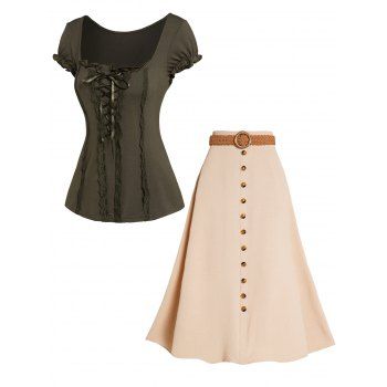 Lace Up Lace Insert Ruffle Square Collar T Shirt And Belted Mock Button Maxi Skirt Casual Outfit, Multicolor
Lace Up Lace Insert Ruffle Square Collar T Shirt And Belted Mock Button Maxi Skirt Casual Outfit, Multicolor