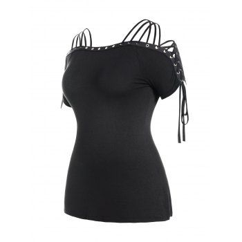 Plus Size Cold Shoulder Eyelet Lace Up T-shirt Solid Color Curve Strappy Tee, Black
Plus Size Cold Shoulder Eyelet Lace Up T-shirt Solid Color Curve Strappy Tee, Black