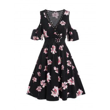 Flower Print Cold Shoulder Mini Dress Applique Eyelet Plunging Neck Short Sleeve Dress, Black
Flower Print Cold Shoulder Mini Dress Applique Eyelet Plunging Neck Short Sleeve Dress, Black