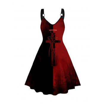 Gothic Dress Contrast Colorblock Cross Print O-ring Strap Sleeveless V Neck A Line Midi Dress, Deep red
Gothic Dress Contrast Colorblock Cross Print O-ring Strap Sleeveless V Neck A Line Midi Dress, Deep red