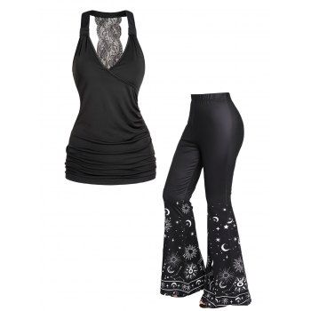 Flower Lace Panel Crossover Ruched Tank Top And Celestial Sun Moon Star Print Long Flare Pants Outfit, Black
Flower Lace Panel Crossover Ruched Tank Top And Celestial Sun Moon Star Print Long Flare Pants Outfit, Black
