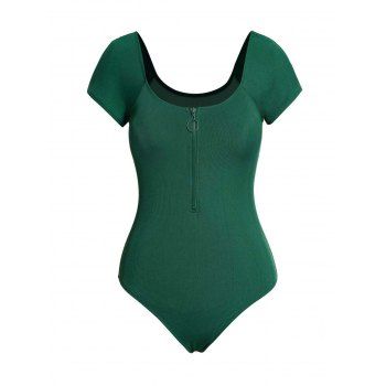 Half Zipper Textured Short Sleeve One-piece Swimwear Solid Color Padded One-piece Swimsuit, Deep green
Half Zipper Textured Short Sleeve One-piece Swimwear Solid Color Padded One-piece Swimsuit, Deep green