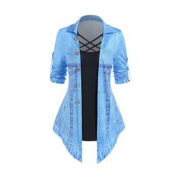 3D Print Faux Twinset T Shirt Faux Denim Pointed Hem Crisscross Mock Button Twofer Tee, Light blue
3D Print Faux Twinset T Shirt Faux Denim Pointed Hem Crisscross Mock Button Twofer Tee, Light blue