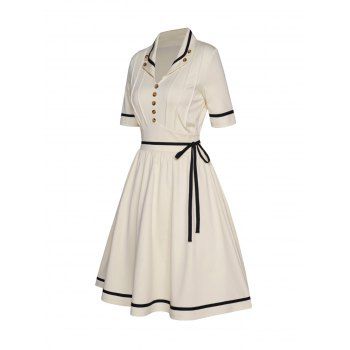 Pleated Contrast Piped Dress Mock Button Turn Down Collar Belted High Waisted A Line Mini Dress, Light yellow
Pleated Contrast Piped Dress Mock Button Turn Down Collar Belted High Waisted A Line Mini Dress, Light yellow