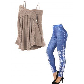 Cold Shoulder Crossover Plain Sweater And Flower Faux Denim 3D Print Jeggings Casual Outfit, Multicolor
Cold Shoulder Crossover Plain Sweater And Flower Faux Denim 3D Print Jeggings Casual Outfit, Multicolor