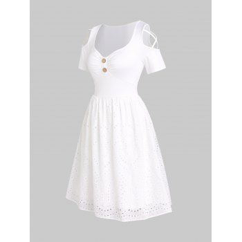 Plain Color Dress Cold Shoulder Crisscross Laser Cut Out Mock Button A Line Mini Summer Dress, White
Plain Color Dress Cold Shoulder Crisscross Laser Cut Out Mock Button A Line Mini Summer Dress, White