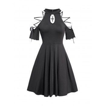 Gothic Dress Lattice Strap Cut Out Cold Shoulder Plain Color High Waisted A Line Mini Dress, Black
Gothic Dress Lattice Strap Cut Out Cold Shoulder Plain Color High Waisted A Line Mini Dress, Black