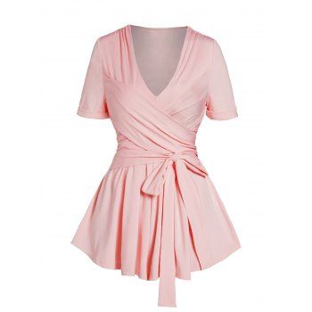 Solid Color Crossover Bowknot Self-belt Top V Neck Short Sleeve Casual Top, Light pink
Solid Color Crossover Bowknot Self-belt Top V Neck Short Sleeve Casual Top, Light pink