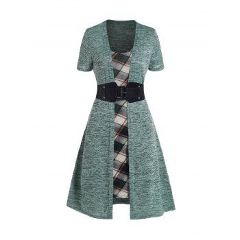 Space Dye Plaid Print Panel Faux Twinset Dress Belted High Waisted A Line Mini Twofer Dress, Green
Space Dye Plaid Print Panel Faux Twinset Dress Belted High Waisted A Line Mini Twofer Dress, Green