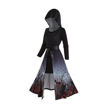 Halloween Bat Tree Branches Print High Slit Long Hooded Dress And Lace Panel Long Sleeve Mini Tee Dress Two Piece Set, Dark gray
Halloween Bat Tree Branches Print High Slit Long Hooded Dress And Lace Panel Long Sleeve Mini Tee Dress Two Piece Set, Dark gray