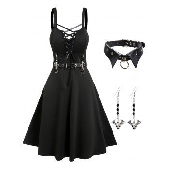 Gothic Outft Punk Lace Up D-ring Eyelet A Line Dress And Choker Necklace Hanging Earrings Set, Black
Gothic Outft Punk Lace Up D-ring Eyelet A Line Dress And Choker Necklace Hanging Earrings Set, Black