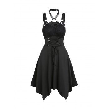 Corset Style Gothic Asymetrical A Line Dress Lace-up Rose Lace Insert O Ring Halter Dress, Black
Corset Style Gothic Asymetrical A Line Dress Lace-up Rose Lace Insert O Ring Halter Dress, Black