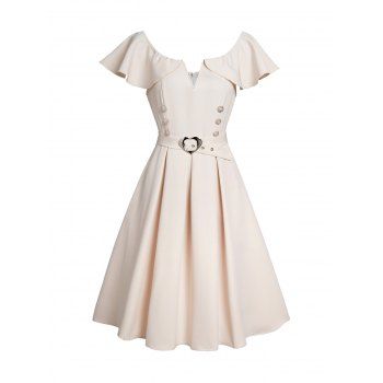 Solid Color Doll Collar Vintage Dress Mock Button Belted Midi Dress, Light coffee
Solid Color Doll Collar Vintage Dress Mock Button Belted Midi Dress, Light coffee