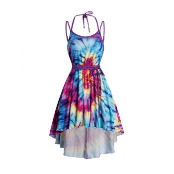Spiral Tie Dye Print Belt Dress Dual Strap Halter Collar High Low Hem Sundress, Multicolor a
Spiral Tie Dye Print Belt Dress Dual Strap Halter Collar High Low Hem Sundress, Multicolor a