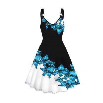 Colorblock Flower Print Dress O-ring Strap V Neck Sleeveless A Line Midi Dress, Black
Colorblock Flower Print Dress O-ring Strap V Neck Sleeveless A Line Midi Dress, Black