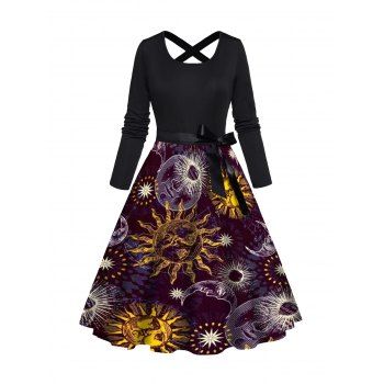 Celestial Sun Moon Print Long Sleeve Dress Bowknot Belt Cross A Line Dress, Black
Celestial Sun Moon Print Long Sleeve Dress Bowknot Belt Cross A Line Dress, Black