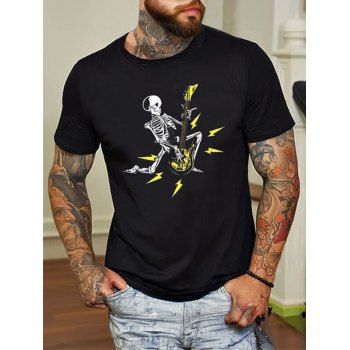 Skeleton Playing Guitar Print Short Sleeve T-shirt Round Neck Cotton Funny Tee, Black
Skeleton Playing Guitar Print Short Sleeve T-shirt Round Neck Cotton Funny Tee, Black