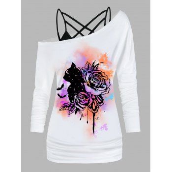Rose Print Skew Neck Long Sleeve T Shirt and Ruched Lattice Camisole Set, White
Rose Print Skew Neck Long Sleeve T Shirt and Ruched Lattice Camisole Set, White