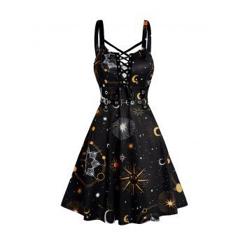 Sun Moon Star Print Dress Lace Up Grommet Buckle Strap Crisscross High Waisted A Line Mini Dress, Black
Sun Moon Star Print Dress Lace Up Grommet Buckle Strap Crisscross High Waisted A Line Mini Dress, Black