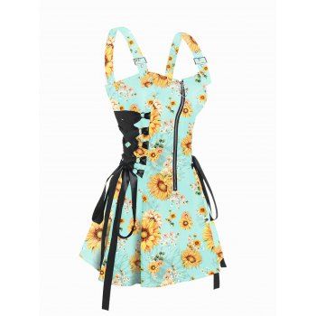 Vacation Dress Flower Print Zip Up Lace Up Adjustable Strap High Waisted A Line Mini Dress, Light green
Vacation Dress Flower Print Zip Up Lace Up Adjustable Strap High Waisted A Line Mini Dress, Light green