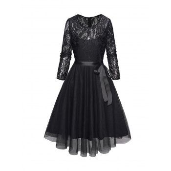 Printed Lace Panel Party Dress Mesh Overlay Belted Plain Color Long Sleeve A Line Midi Dress, Black
Printed Lace Panel Party Dress Mesh Overlay Belted Plain Color Long Sleeve A Line Midi Dress, Black