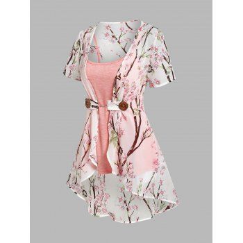 

Vacation Chiffon Irregular Allover Peach Blossom Floral Print Blouse and Camisole Set, Light pink