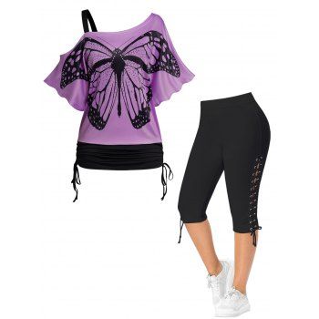 Plus Size Butterfly Print Skew Neck Tops and Lace Up Eyelet Capri Leggings Outfit, Light purple
Plus Size Butterfly Print Skew Neck Tops and Lace Up Eyelet Capri Leggings Outfit, Light purple