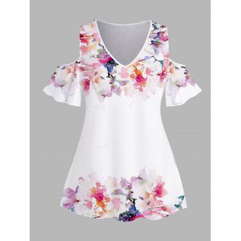 Plus Size Watercolor Floral Print T Shirt Cold Shoulder V Neck Curve Casual Tee, White
Plus Size Watercolor Floral Print T Shirt Cold Shoulder V Neck Curve Casual Tee, White