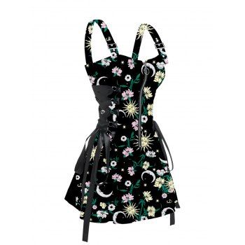 Floral and Moon Print Lace Up Dress Zip Front Buckle Strap Casual Mini Dress, Black
Floral and Moon Print Lace Up Dress Zip Front Buckle Strap Casual Mini Dress, Black
