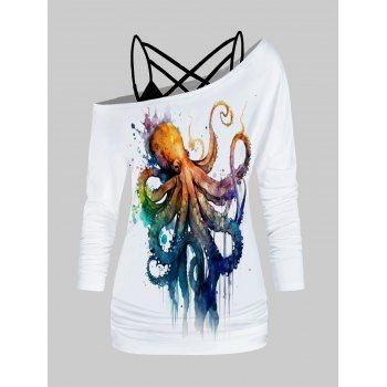 Octopus Print Skew Neck T Shirt and Plain Color Lattice Strap Camisole Set, White
Octopus Print Skew Neck T Shirt and Plain Color Lattice Strap Camisole Set, White