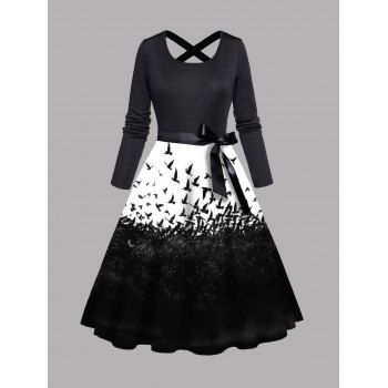 Crow Print Belt Halloween Dress Colorblock Criss Cross A Line Midi Dress, Black
Crow Print Belt Halloween Dress Colorblock Criss Cross A Line Midi Dress, Black