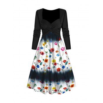 Floral Print Crossover Dress Sweetheart Collar Long Sleeve A Line Midi Dress, Black
Floral Print Crossover Dress Sweetheart Collar Long Sleeve A Line Midi Dress, Black
